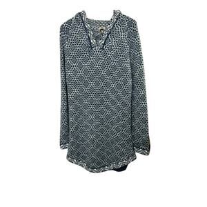 Artesania Geometric Blue & White Peruvian Alpaca Hooded Sweater Dress Sz Large